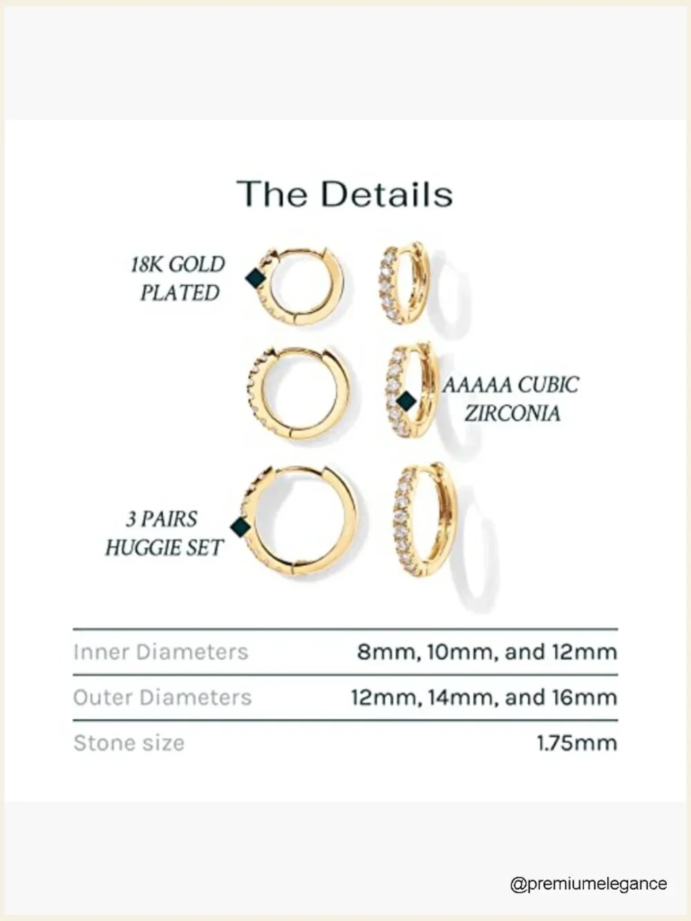 3 Pair Gold Hoop Earrings Set - 14K Gold Plated Hypoallergenic Huggies